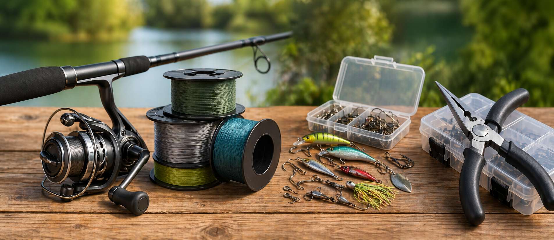 Fishing rod, reel, line spools, lures, hooks, and pliers on a wooden surface