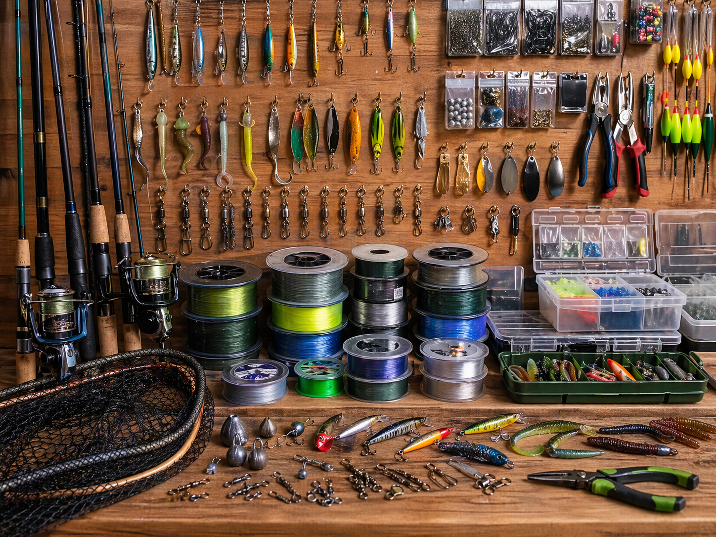 Fishing tackle display with rods, reels, hooks, lures, lines, and accessories